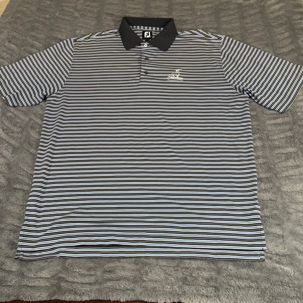 FootJoy Sanctuary Golf Polo Mens XL Black Blue Striped Performance Shirt AN779
